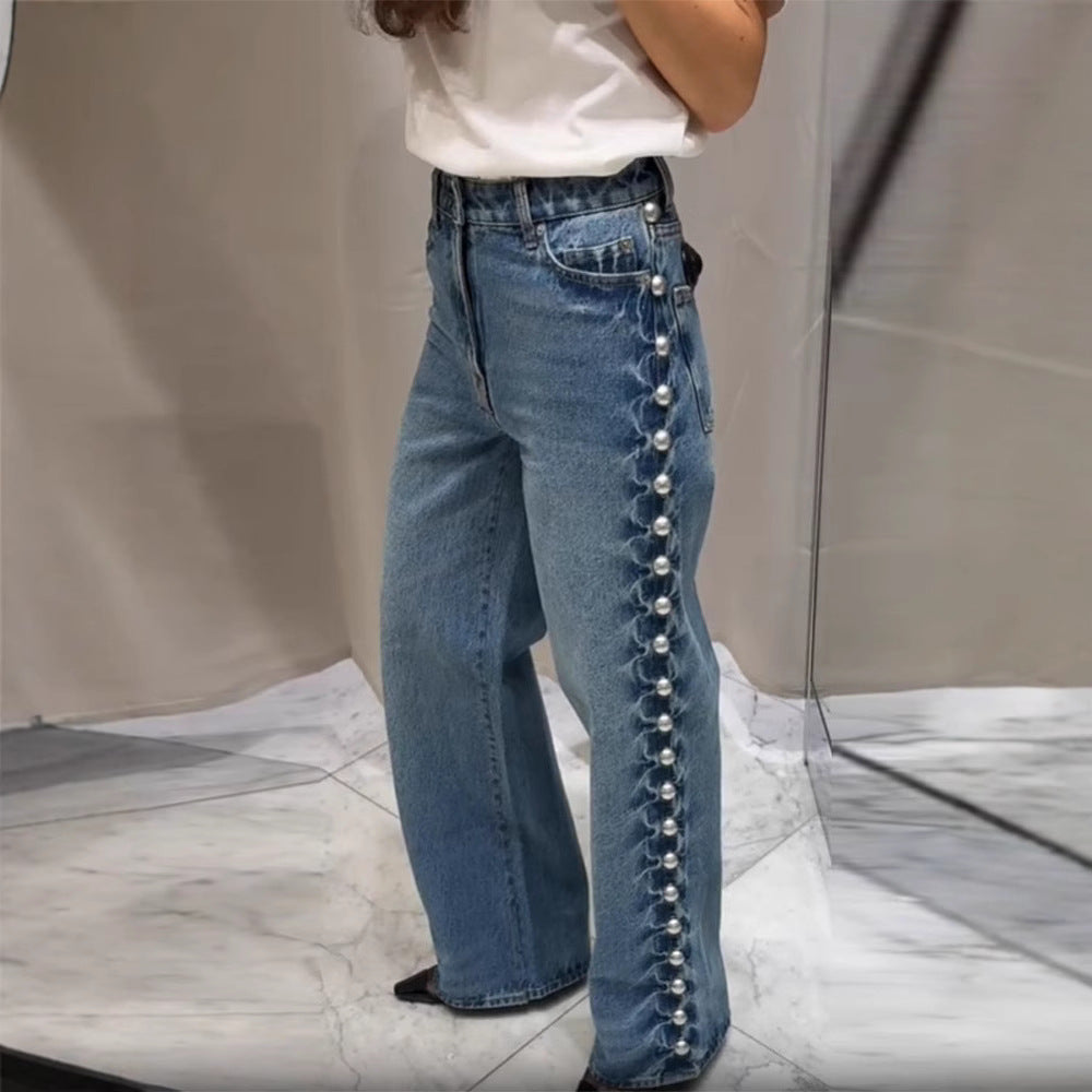 Women's Retro Design Side Round Beads Decorative Jeans