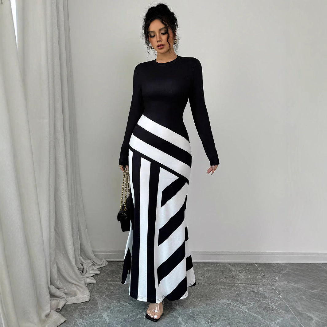 Women's Sexy Asymmetric Neckline Irregular Stripes Dress