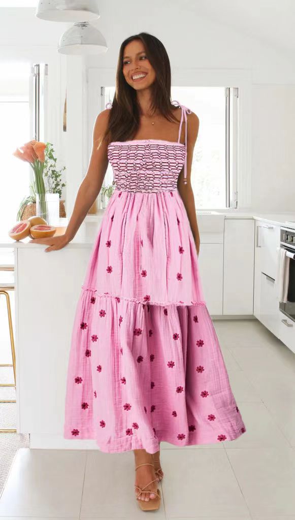 Smocking SUNFLOWER Embroidery A- Line Large Hem Dress