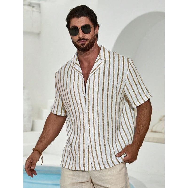 Geometric Contrast Color Striped 3D Digital Printing Short Sleeve Shirt