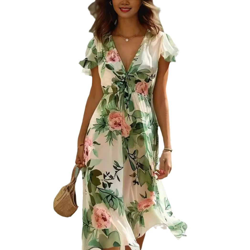 Printed Bohemian Women's V-neck Mid-length Dress