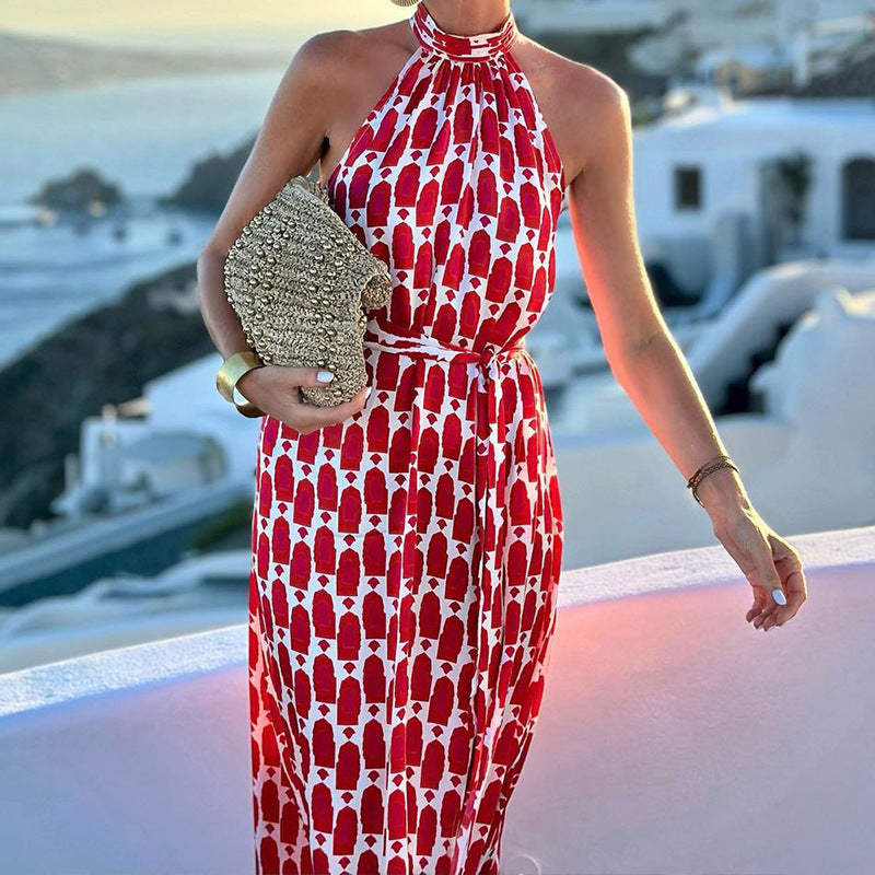Fashion Print Halter Beach Vacation Mid-length Dress