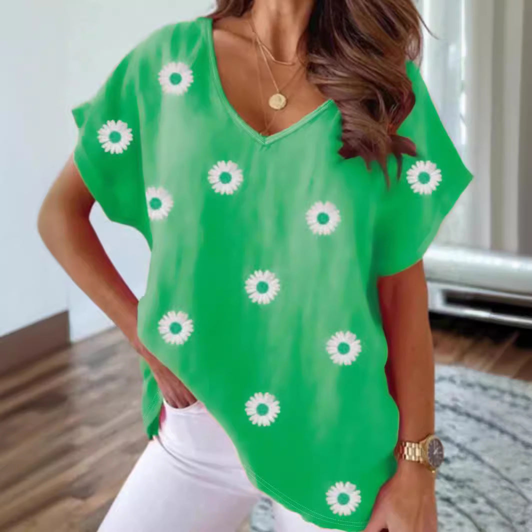 V-neck Short Sleeve Fashion Flower Print T-shirt