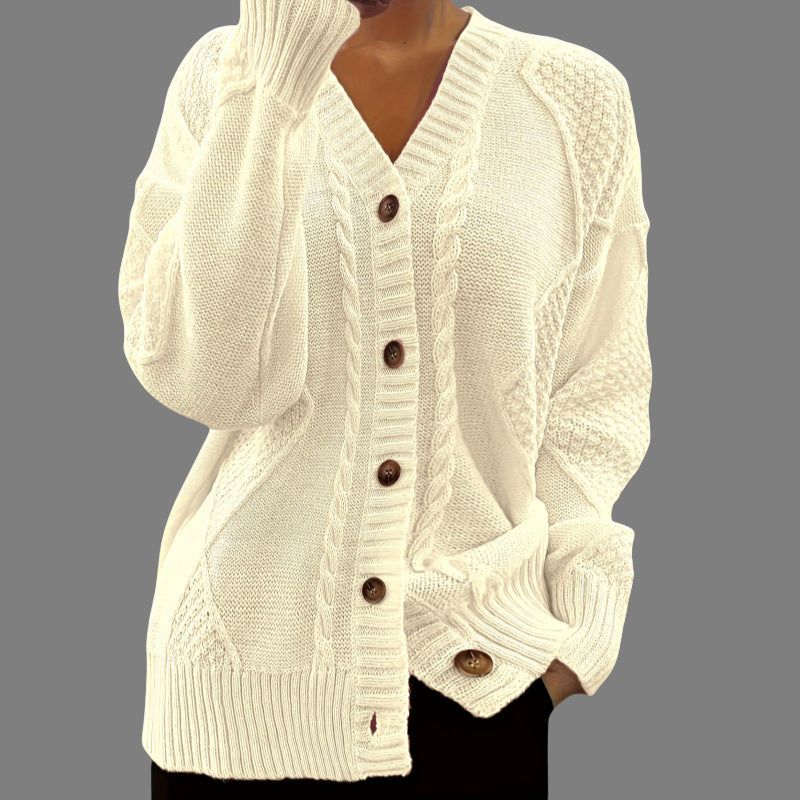 V-neck Knitted Cardigan Breasted Cable-knit Sweater Coat