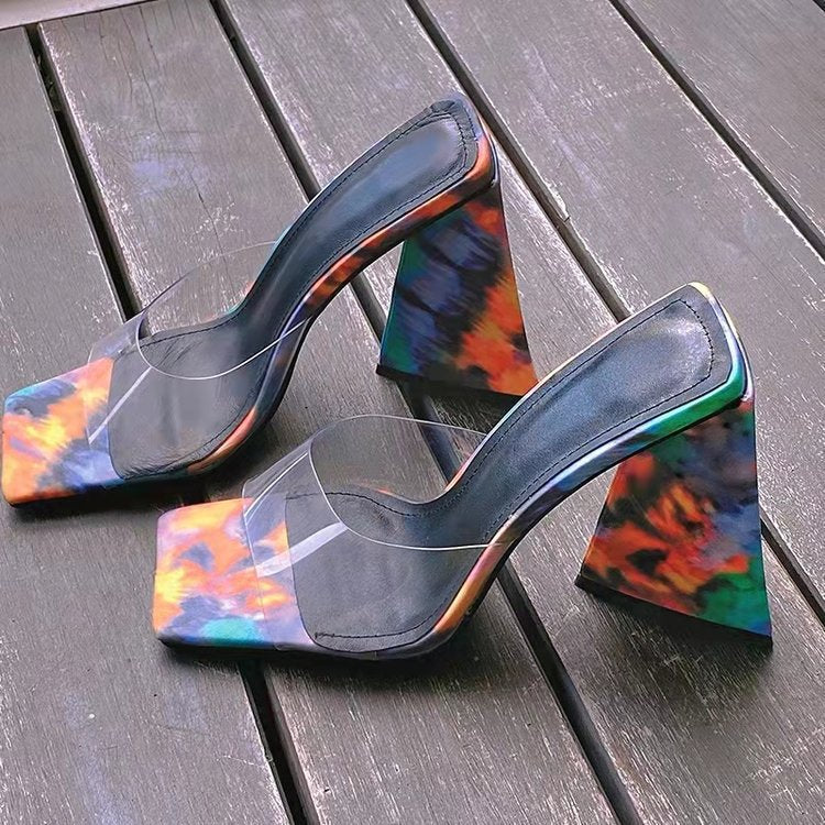 Women's Solid Color Square Toe Triangle Heel Thick High Heel Slippers