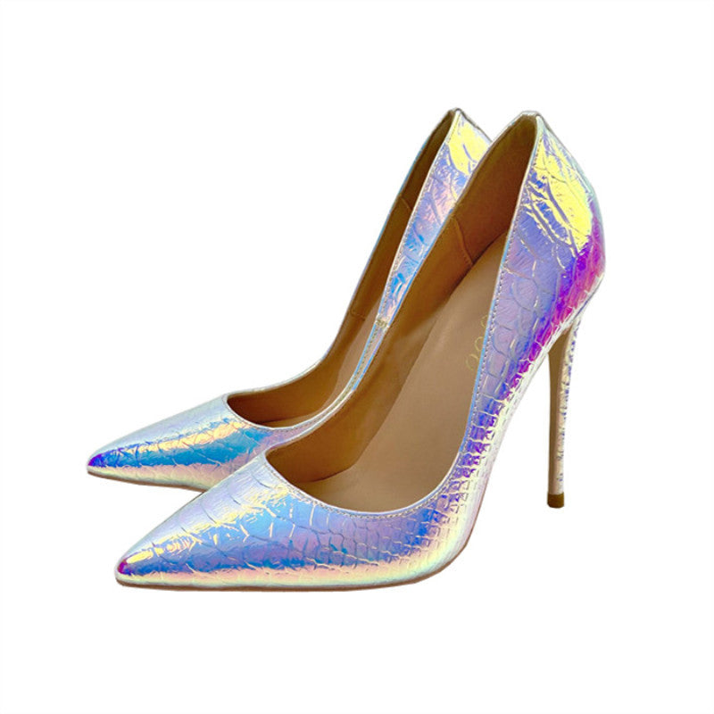 New Laser White Snakeskin High Heels 12CM Pointed Stiletto Heel