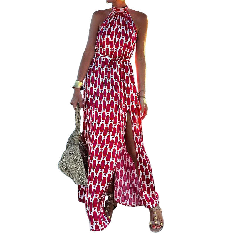 Fashion Print Halter Beach Vacation Mid-length Dress