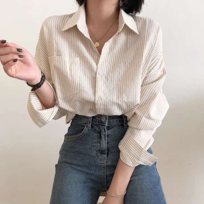 Casual Elegant High-rise Wide Striped Long Fleece Shirt Women's Top