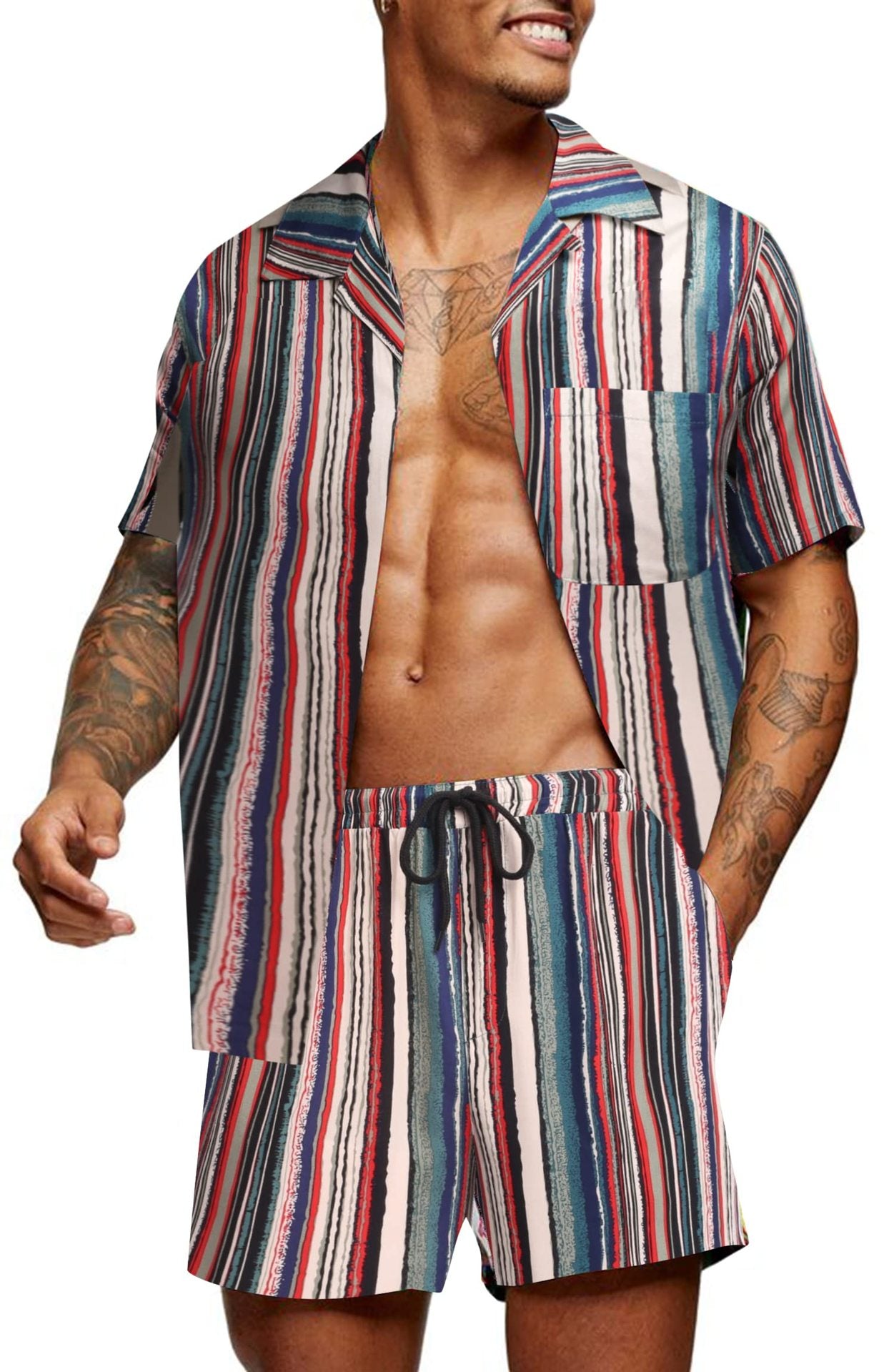 Cuban Collar Striped Short Sleeve Shirt Outfit