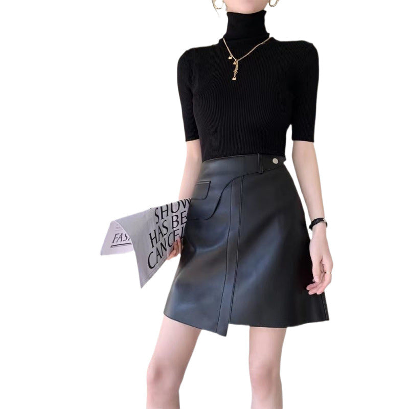 New Fashion Word Leather Skirt High Waist Slim Slimming Zipper Skirt Leather Temperament