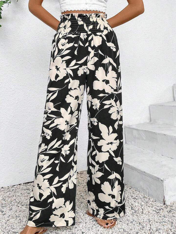 Casual Simple Comfortable High Waist Flower Print Wide Leg
