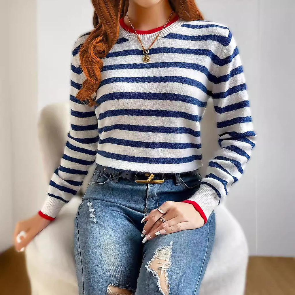Striped Contrast Color Knitted Pullover Long Sleeve Round Neck