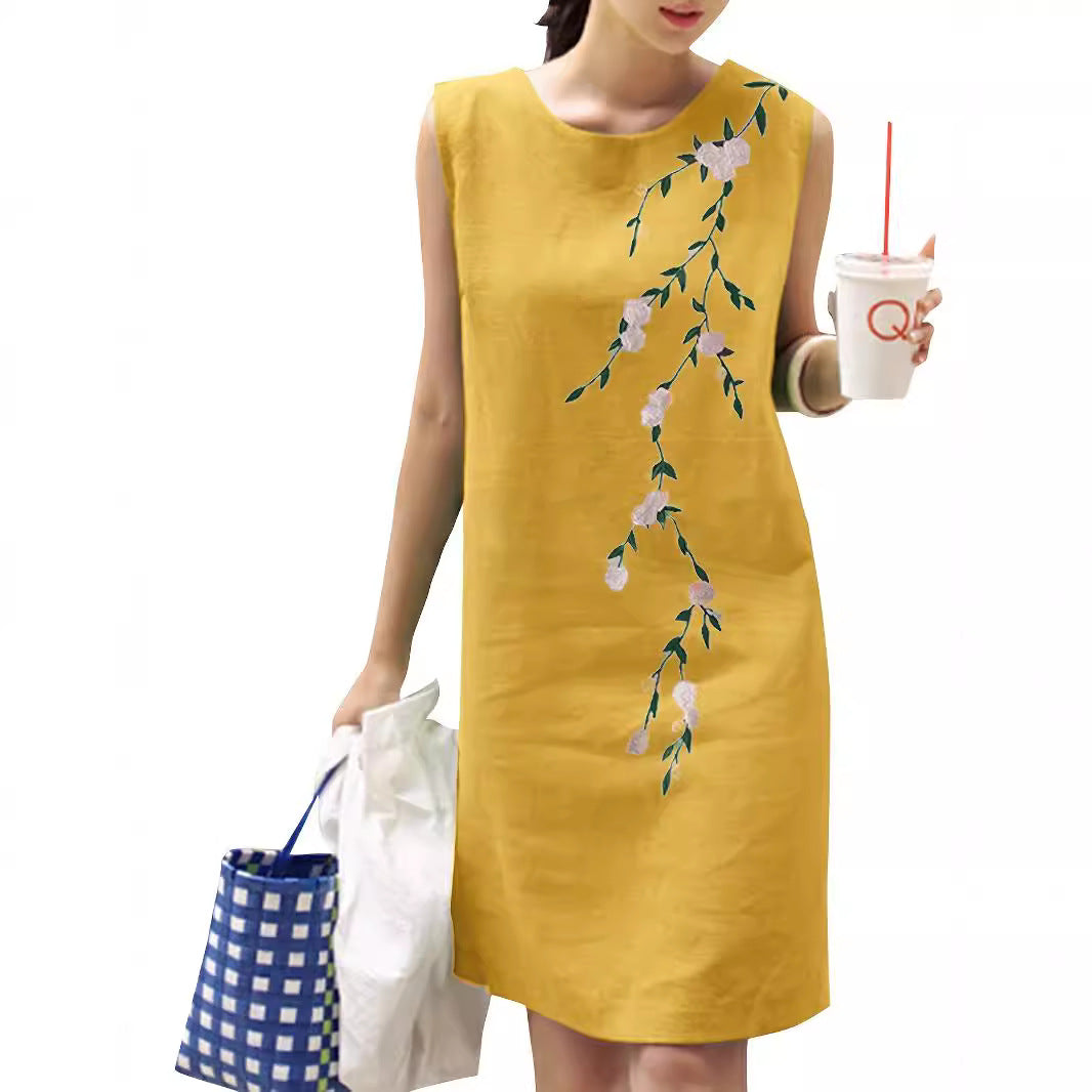 Cotton Linen Round-neck Sleeveless Embroidered Dress