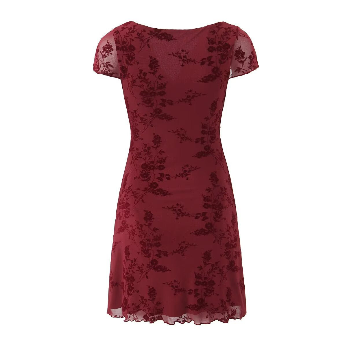 Women's Floral Flocking Lace-up Short Sleeve Dress