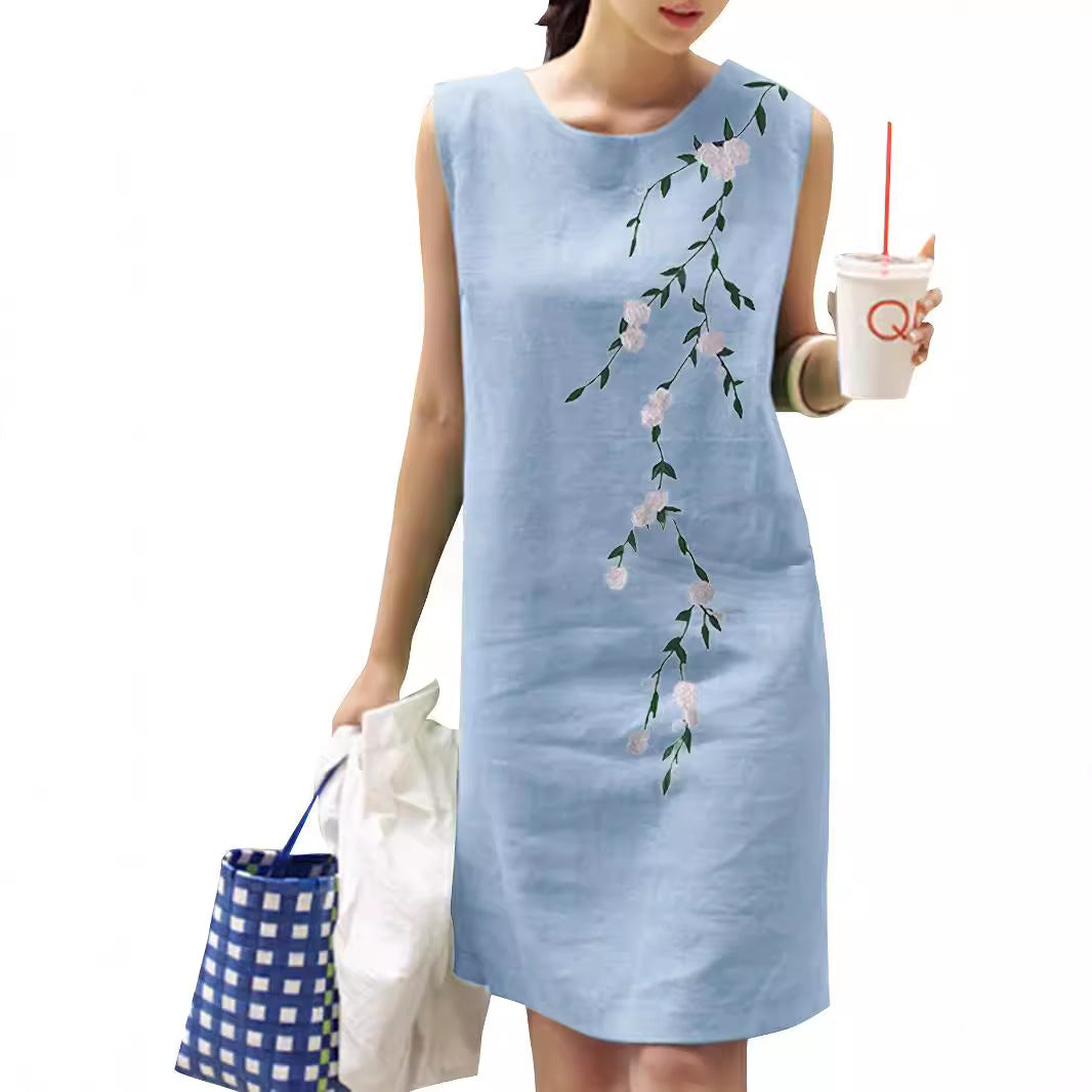 Cotton Linen Round-neck Sleeveless Embroidered Dress