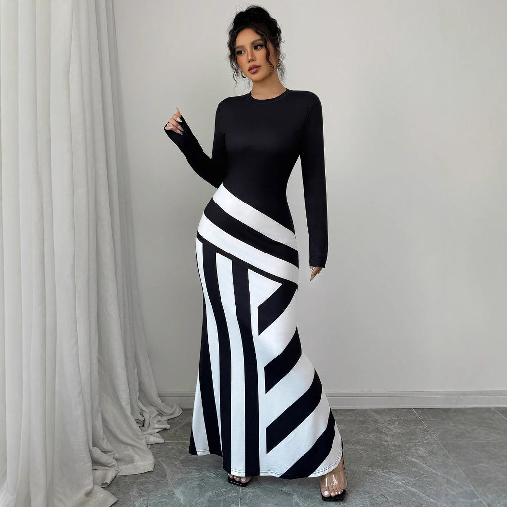 Women's Sexy Asymmetric Neckline Irregular Stripes Dress