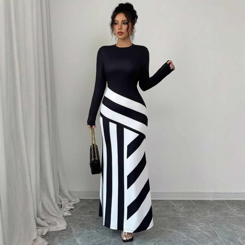 Women's Sexy Asymmetric Neckline Irregular Stripes Dress