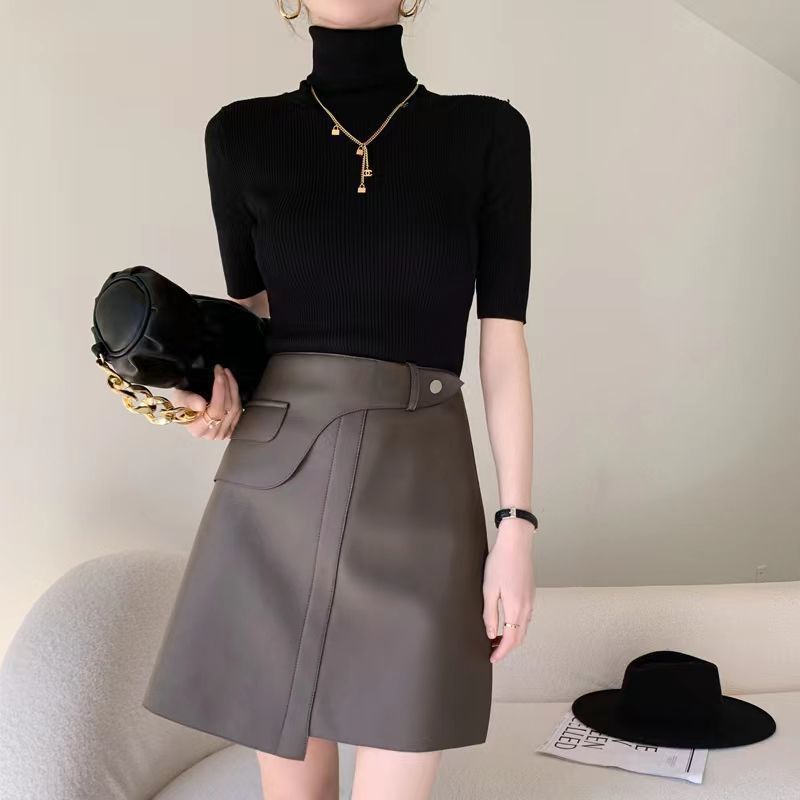 New Fashion Word Leather Skirt High Waist Slim Slimming Zipper Skirt Leather Temperament