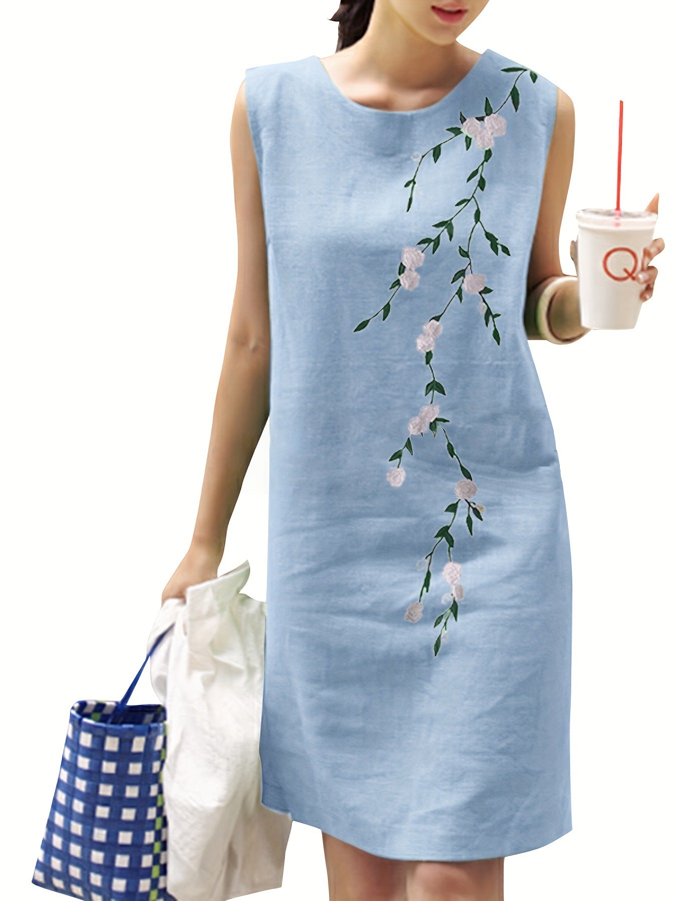 Cotton Linen Round-neck Sleeveless Embroidered Dress