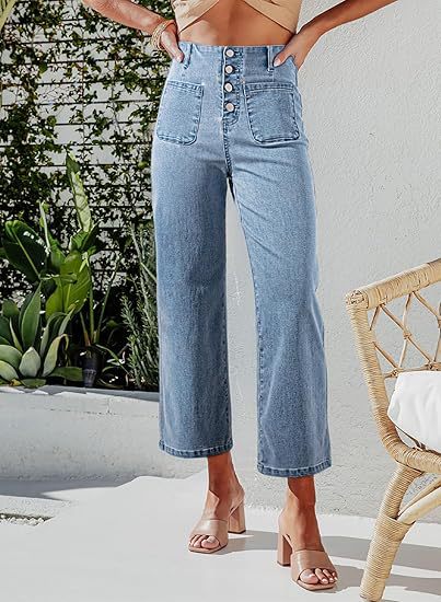 Retro Loose Straight Single Row Ornament High Waist Wide Leg Women's Jeans