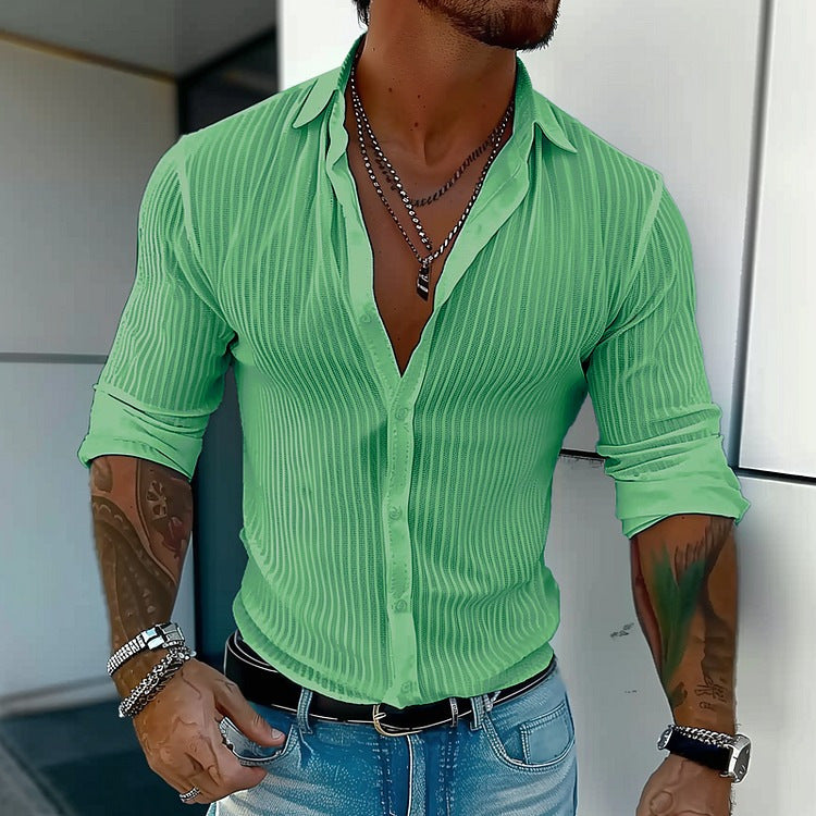 Pure Color All-matching Men's Striped Cardigan Long Sleeve Shirt
