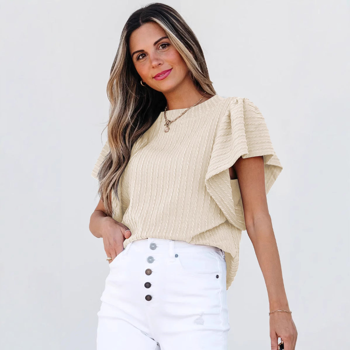 Women's Double-layer Ruffled Polyester Short-sleeved Round Neck T-shirt
