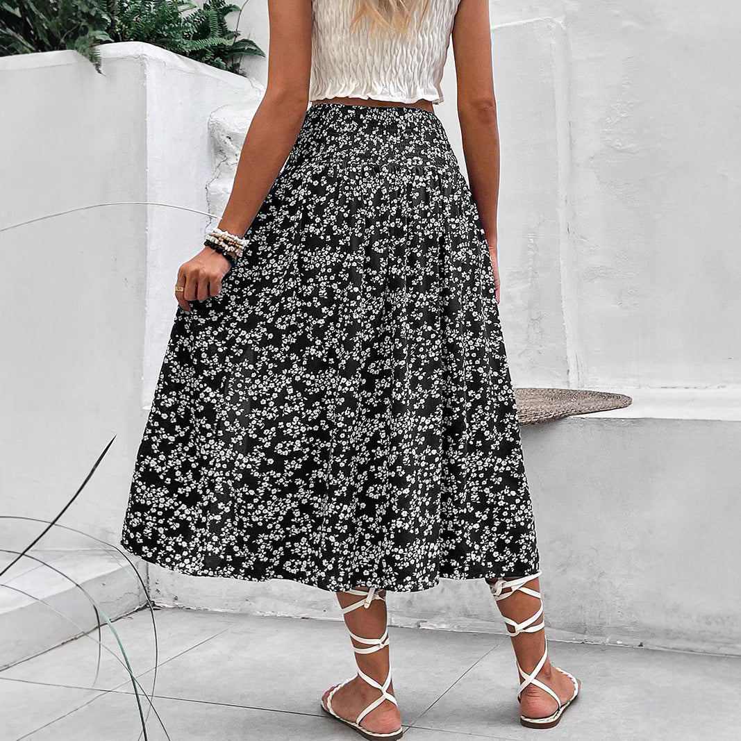 European And American Women's Clothing Casual Holiday Floral Print Split Skirt