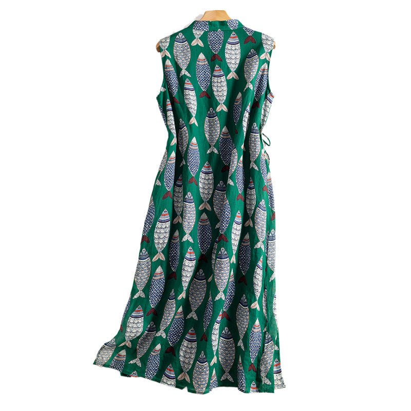Chinese Improved Cheongsam Cotton Linen Robe Sleeveless Ramie Dress