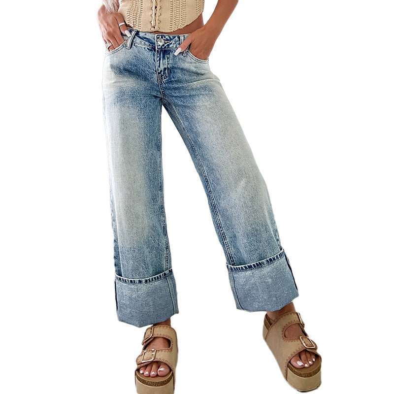 Solid Color High Waist Straight Pants Women's European And American Fashion Retro