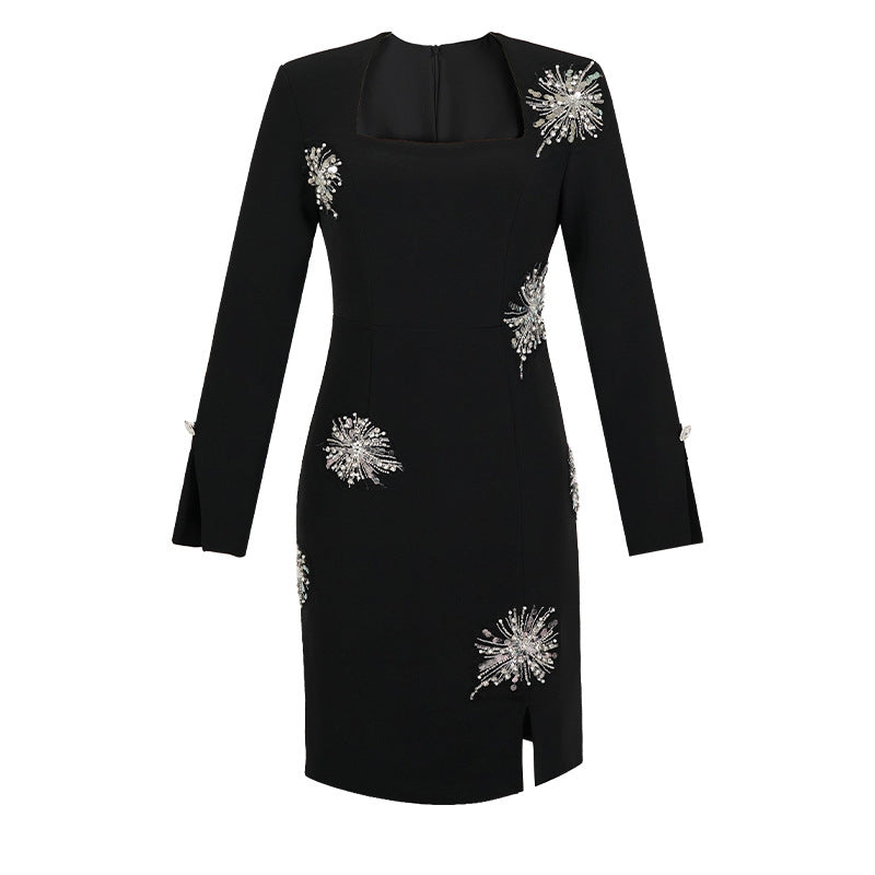 Diamond-encrusted Square Collar Sheath Dress Women