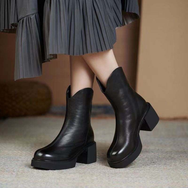 Women's Autumn And Winter Thick Heel Real Soft Leather High-heeled Martin Boots