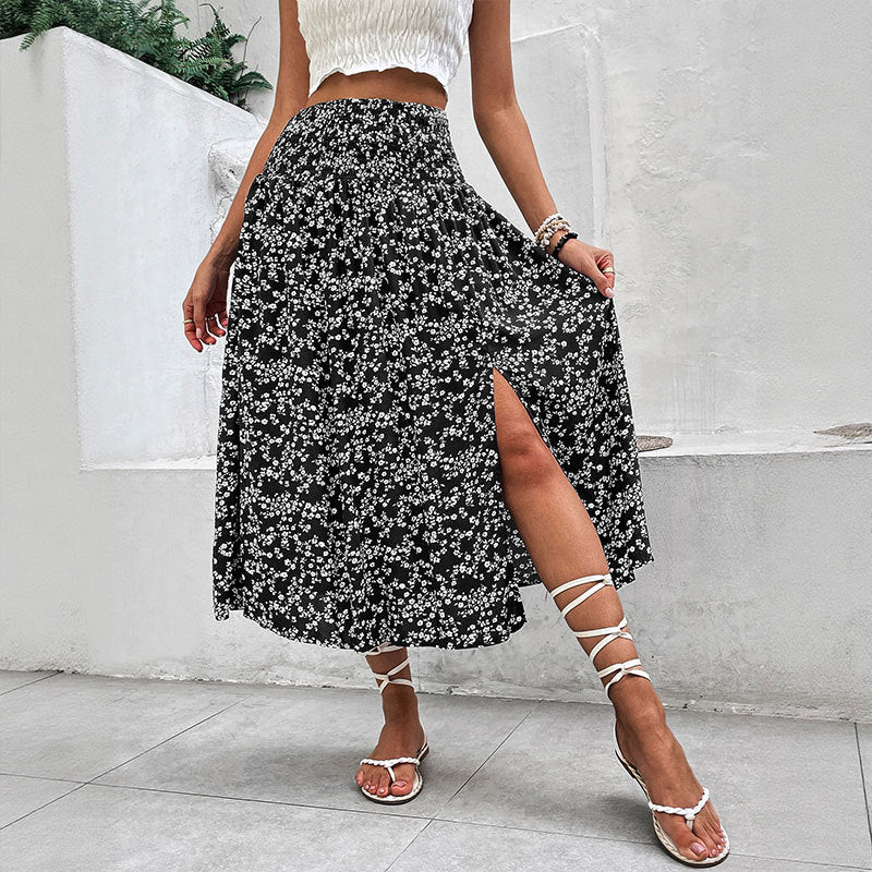 European And American Women's Clothing Casual Holiday Floral Print Split Skirt