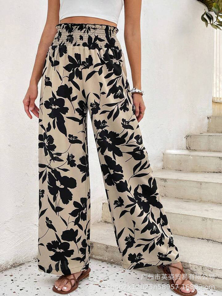 Casual Simple Comfortable High Waist Flower Print Wide Leg