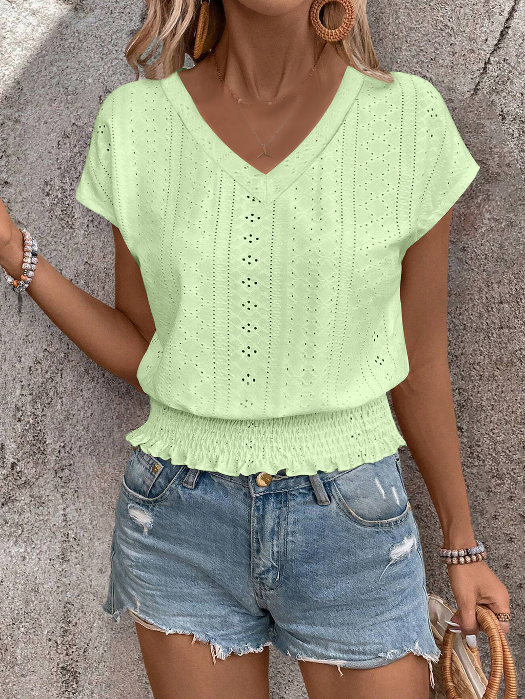V-neck Hollow-out Smocking Short-sleeved T-shirt Casual Top