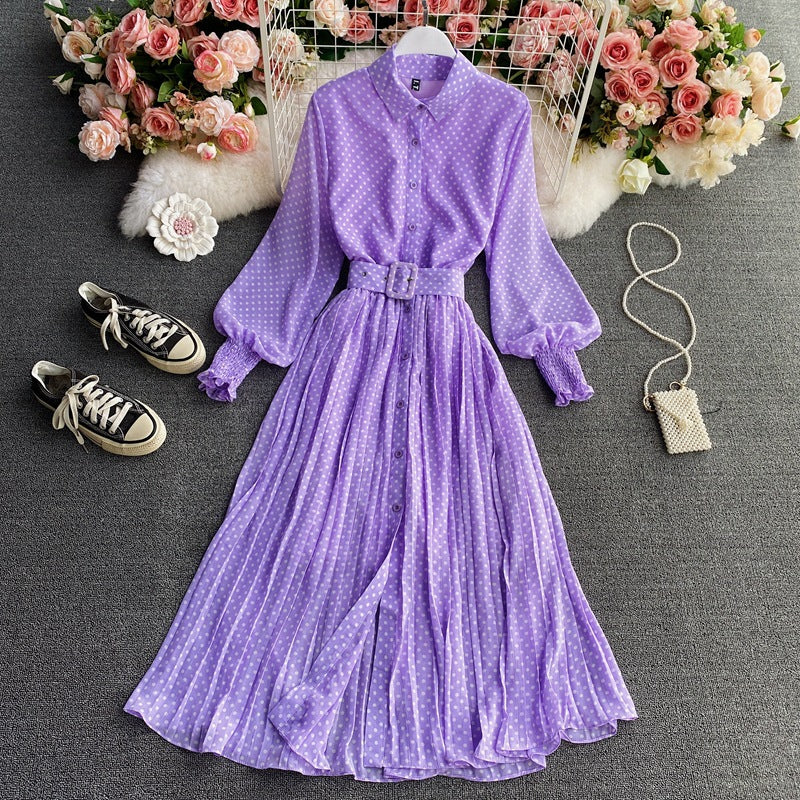 Polka Dot Chiffon Shirt Collar Temperament Waist-controlled Large Hem Pleated Long Skirt