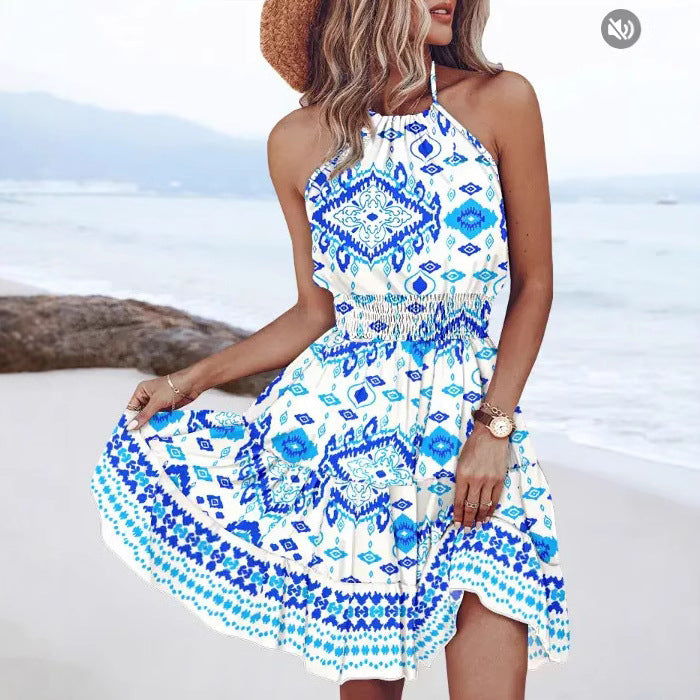 European And American Bohemian Halterneck With Suspenders Printing Dress