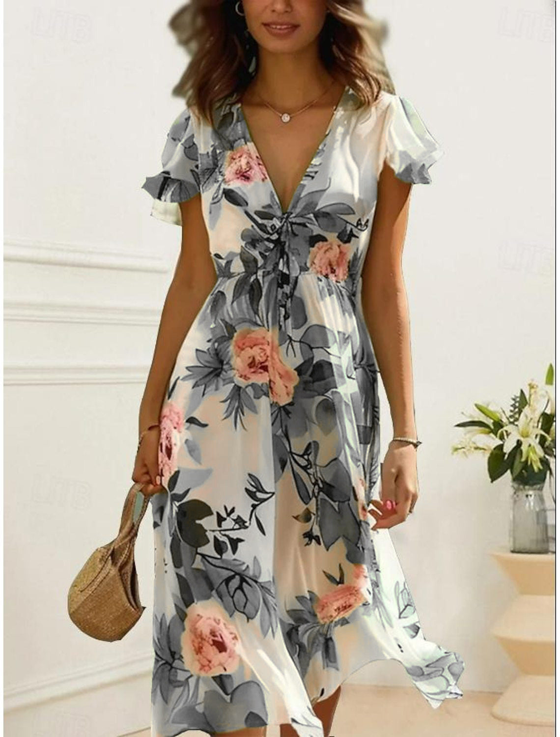 Printed Bohemian Women's V-neck Mid-length Dress