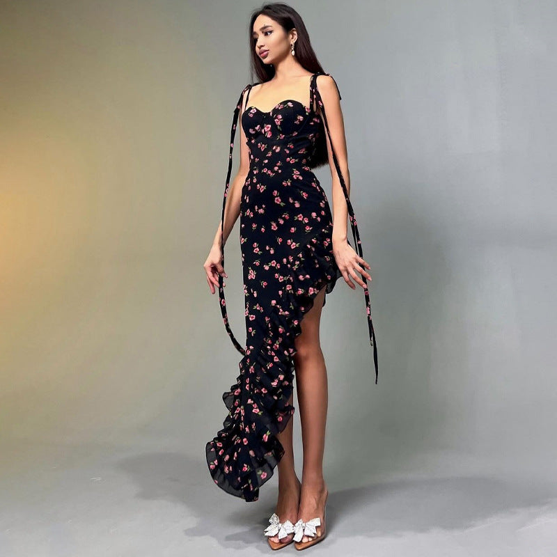 Printed Mesh Flounce Trim Lace Up Dress