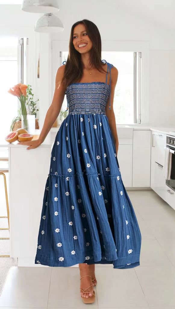 Smocking SUNFLOWER Embroidery A- Line Large Hem Dress