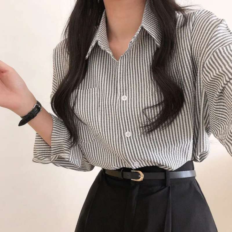 Casual Elegant High-rise Wide Striped Long Fleece Shirt Women's Top