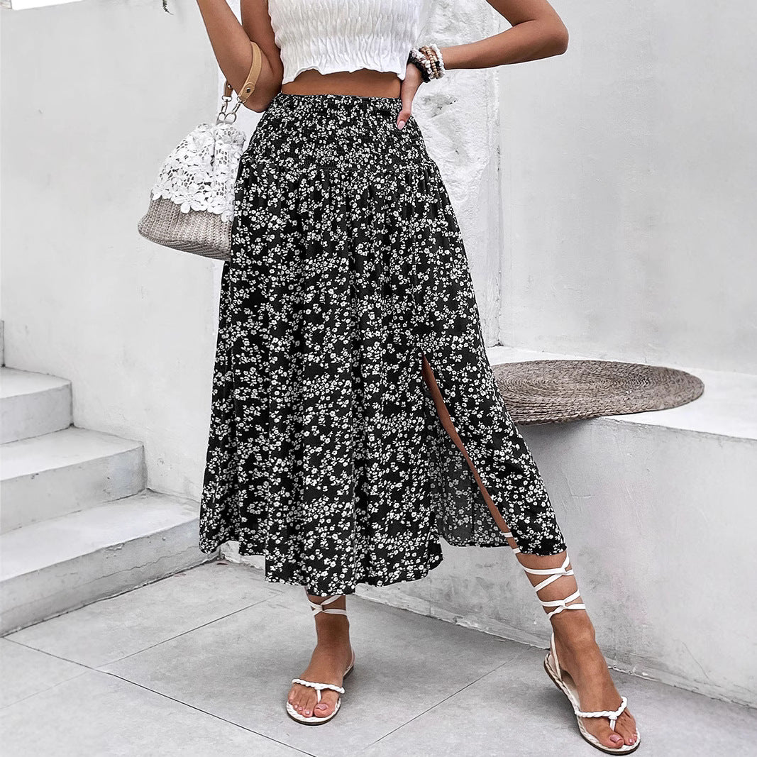 European And American Women's Clothing Casual Holiday Floral Print Split Skirt