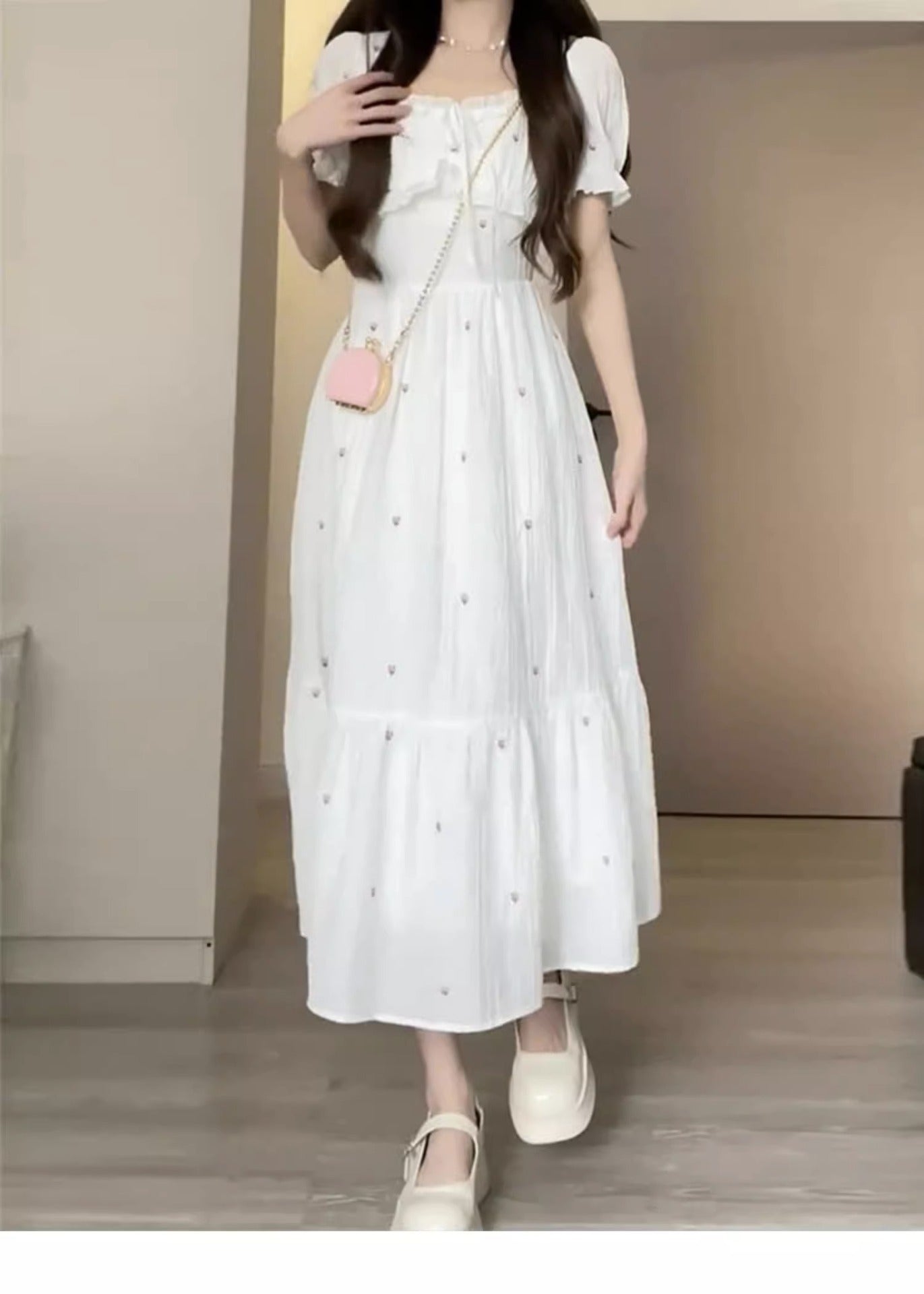 White Moonlight Short Sleeve Cinched Slimming Long Dress