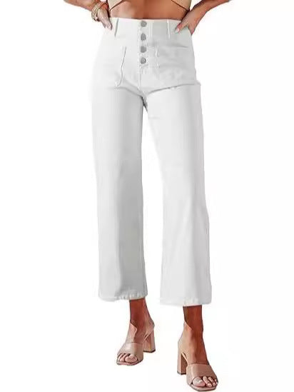 Retro Loose Straight Single Row Ornament High Waist Wide Leg Women's Jeans