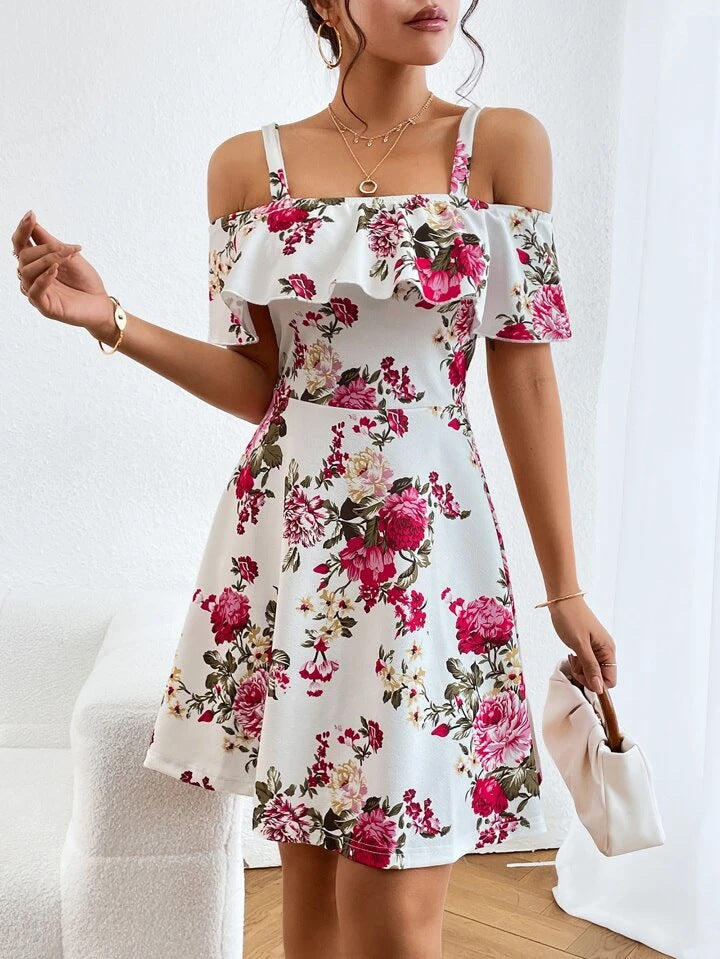 Flower Off-the-shoulder Strap Ruffled Birthday Event Dress