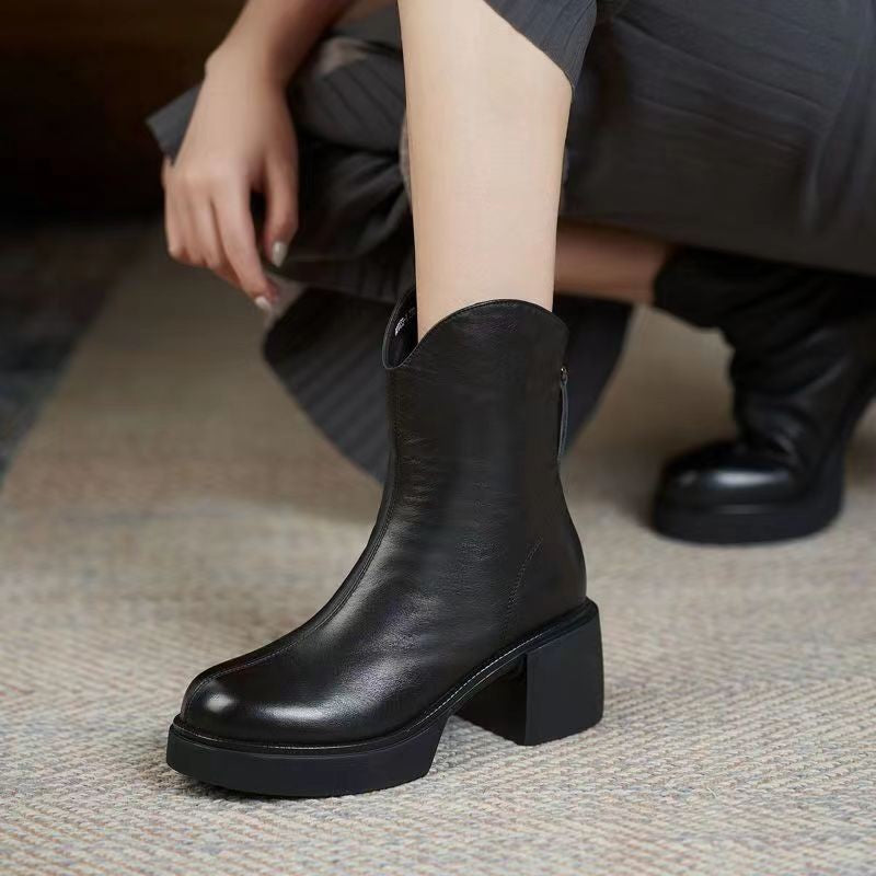 Women's Autumn And Winter Thick Heel Real Soft Leather High-heeled Martin Boots