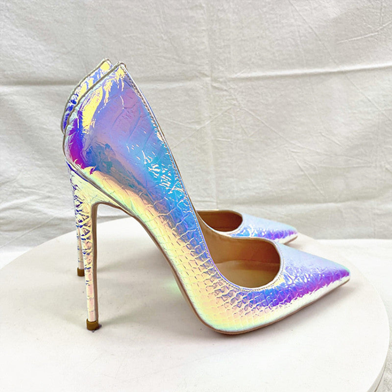 New Laser White Snakeskin High Heels 12CM Pointed Stiletto Heel
