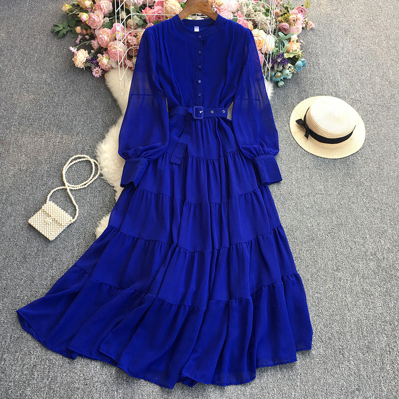 Solid Color Chiffon Long Sleeve Dress