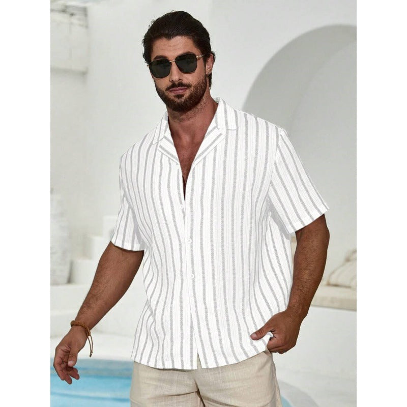 Geometric Contrast Color Striped 3D Digital Printing Short Sleeve Shirt