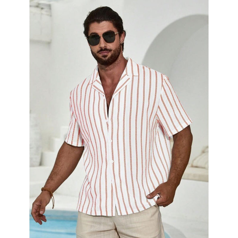 Geometric Contrast Color Striped 3D Digital Printing Short Sleeve Shirt