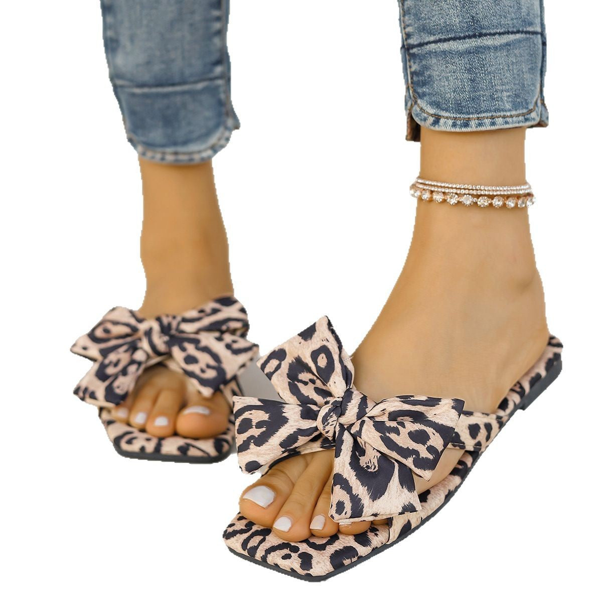Women's Bow Leopard Print Square Toe Sandals